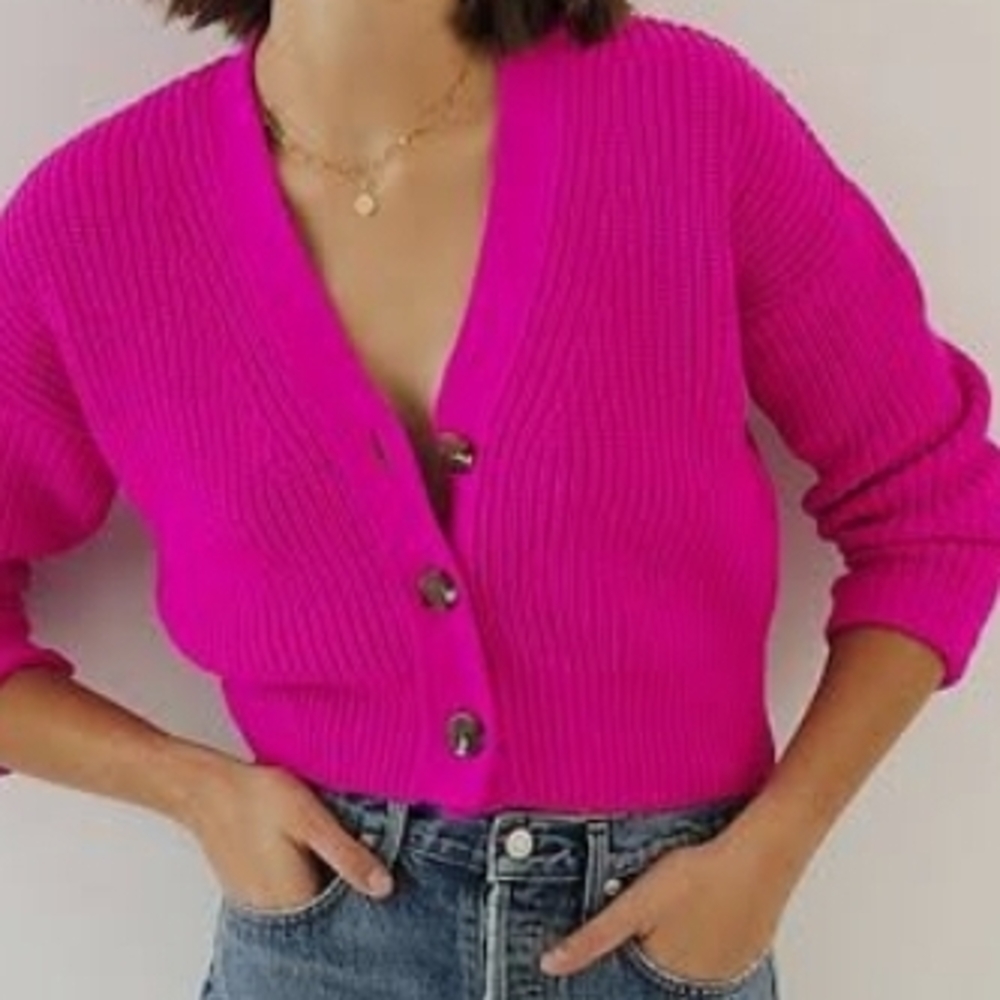 Maeve Pink Cardigan Sweater with Ribbed Knit